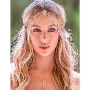 Women Dainty Bohemian Rhinestones Gold Silver Head Chain Hair Accessories